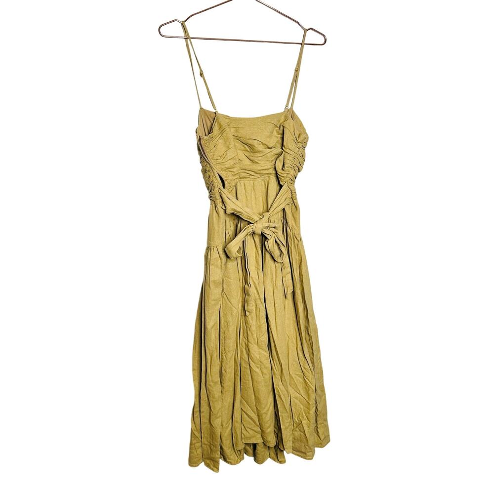 TOCCIN x RTR Brown Khaki Square Neck Ruched Bodice Tie Waist Midi Dress Size 8 - Picture 4 of 11